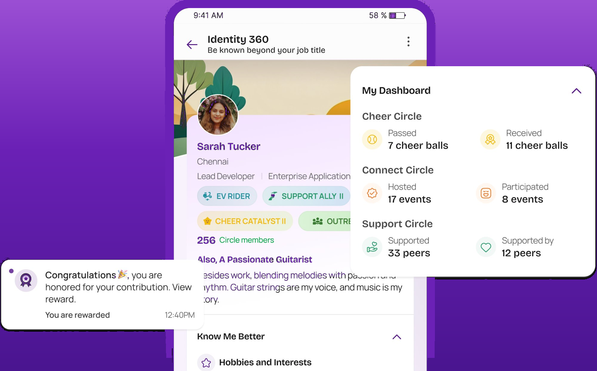 BeyondDesk Identity 360 — profile, badges, dashboard and notification